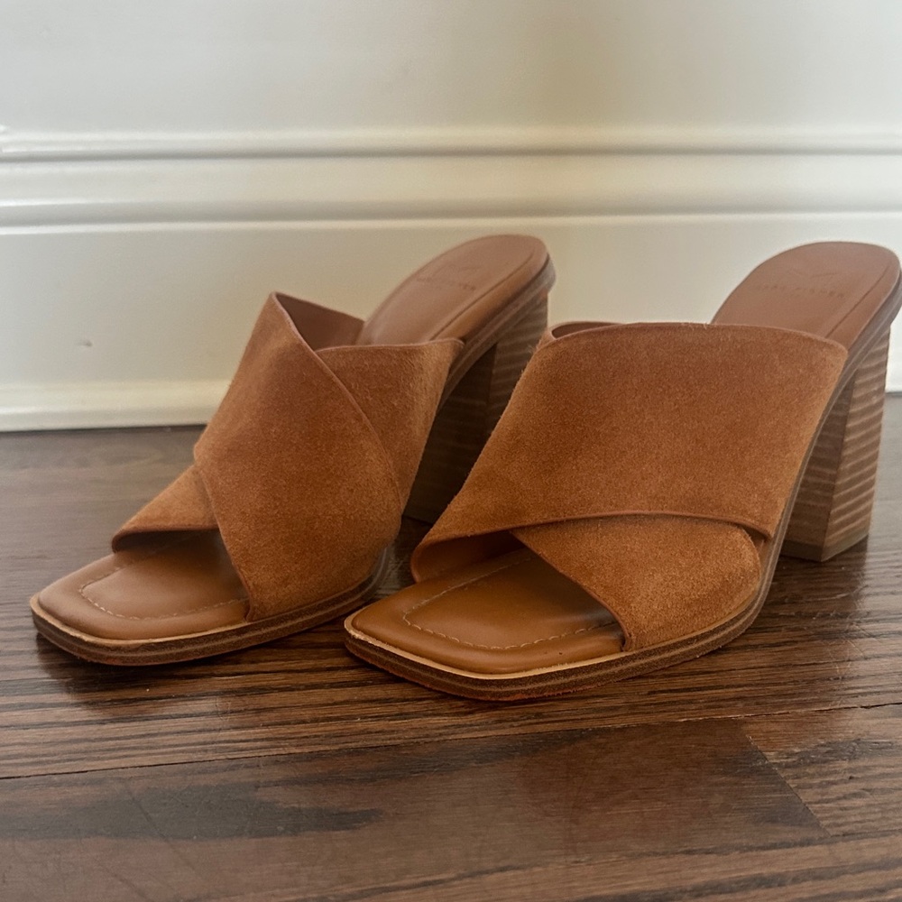 Marc Jacobs Suede Cross Strap Mule Heels Cognac Brown Size 7.5
